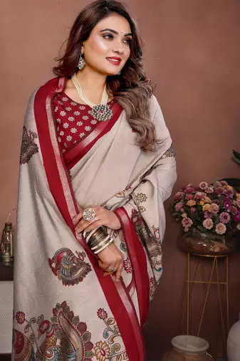 Red Color Kalamkari Print Cotton Saree 