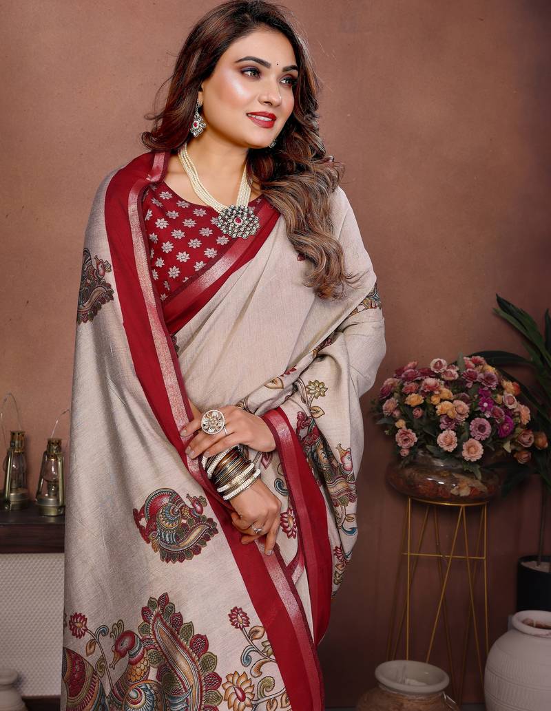 Red Color Kalamkari Print Cotton Saree 