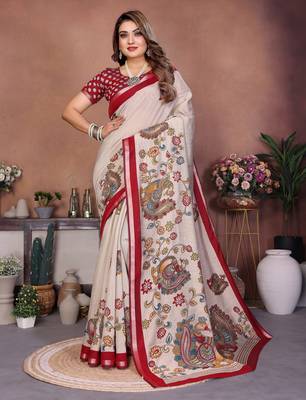 Red Color Kalamkari Print Cotton Saree  2