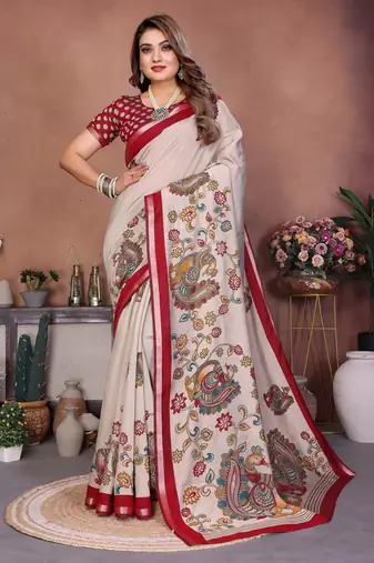 Red Color Kalamkari Print Cotton Saree 