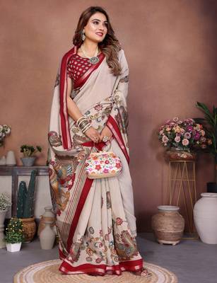 Red Color Kalamkari Print Cotton Saree  3