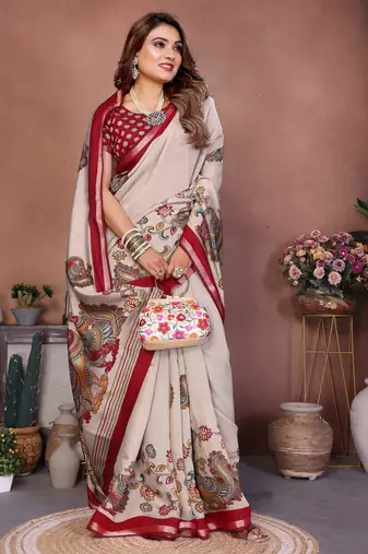 Red Color Kalamkari Print Cotton Saree 