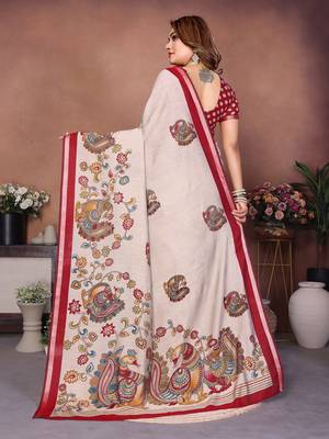 Red Color Kalamkari Print Cotton Saree  4