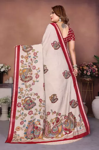 Red Color Kalamkari Print Cotton Saree 