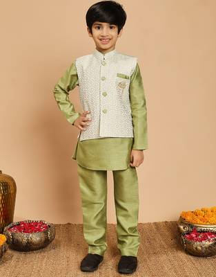Boys pista green cotton silk kurta & pyjama set with jacquard nehru jacket 1