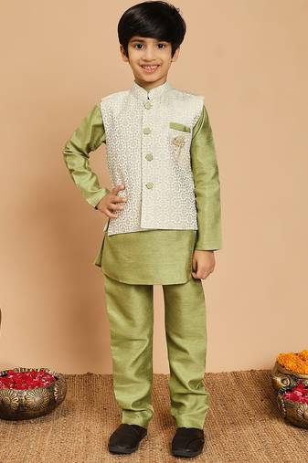Boys pista green cotton silk kurta & pyjama set with jacquard nehru jacket