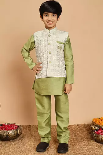 Boys pista green cotton silk kurta & pyjama set with jacquard nehru jacket