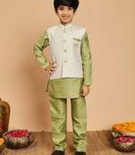 Boys pista green cotton silk kurta & pyjama set with jacquard nehru jacket