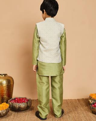 Boys pista green cotton silk kurta & pyjama set with jacquard nehru jacket 2