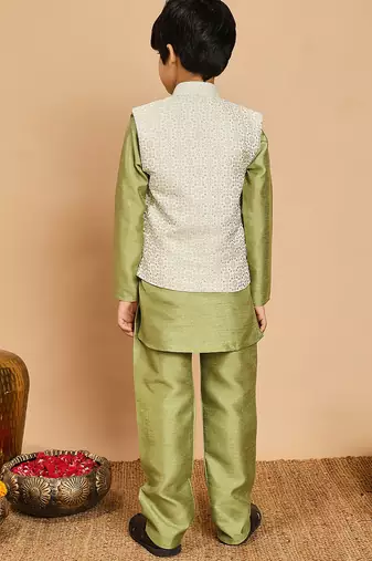 Boys pista green cotton silk kurta & pyjama set with jacquard nehru jacket