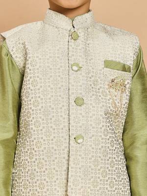 Boys pista green cotton silk kurta & pyjama set with jacquard nehru jacket 3