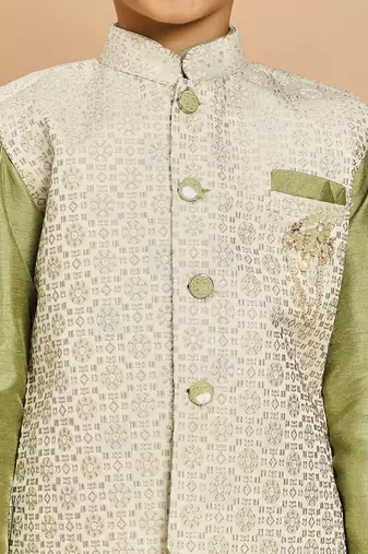 Boys pista green cotton silk kurta & pyjama set with jacquard nehru jacket