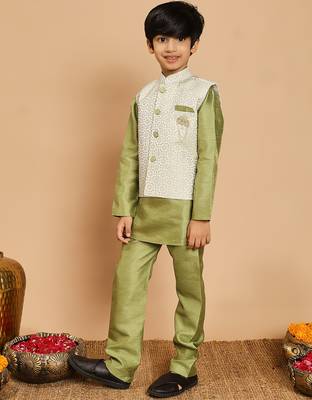 Boys pista green cotton silk kurta & pyjama set with jacquard nehru jacket 4