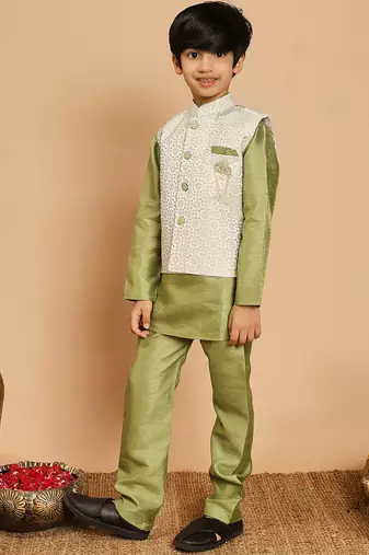 Boys pista green cotton silk kurta & pyjama set with jacquard nehru jacket