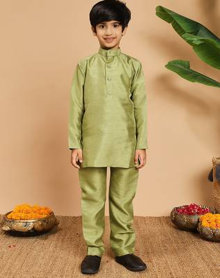 Boys pista green cotton silk kurta & pyjama set with jacquard nehru jacket 5