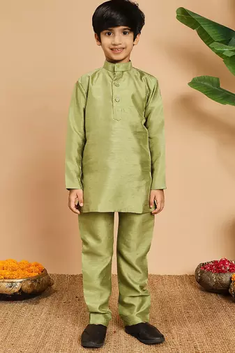 Boys pista green cotton silk kurta & pyjama set with jacquard nehru jacket