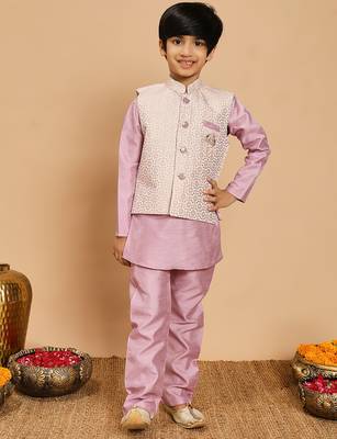 Boys lilac cotton silk kurta & pyjama set with jacquard nehru jacket 1