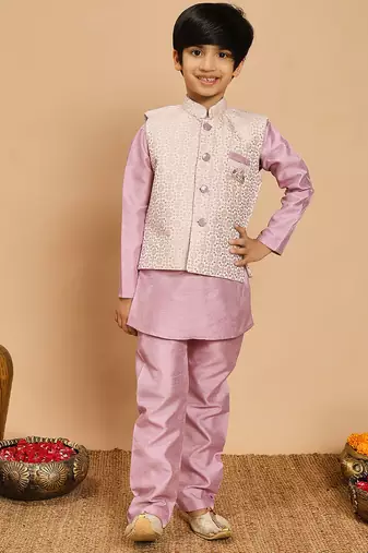 Boys lilac cotton silk kurta & pyjama set with jacquard nehru jacket
