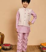 Boys lilac cotton silk kurta & pyjama set with jacquard nehru jacket