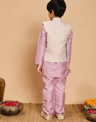 Boys lilac cotton silk kurta & pyjama set with jacquard nehru jacket 2