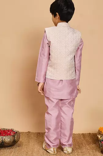 Boys lilac cotton silk kurta & pyjama set with jacquard nehru jacket
