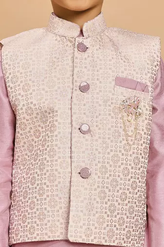 Boys lilac cotton silk kurta & pyjama set with jacquard nehru jacket