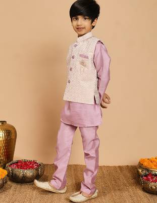 Boys lilac cotton silk kurta & pyjama set with jacquard nehru jacket 4