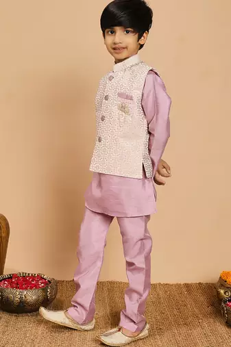 Boys lilac cotton silk kurta & pyjama set with jacquard nehru jacket