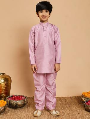 Boys lilac cotton silk kurta & pyjama set with jacquard nehru jacket 5