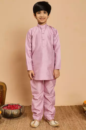 Boys lilac cotton silk kurta & pyjama set with jacquard nehru jacket