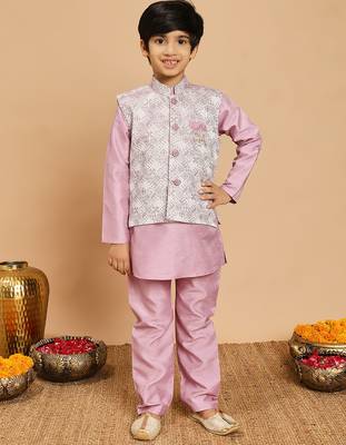Boys lilac cotton silk kurta & pyjama set with jacquard cotton silk kurta & pyjama set with jacquard nehru jacket 1