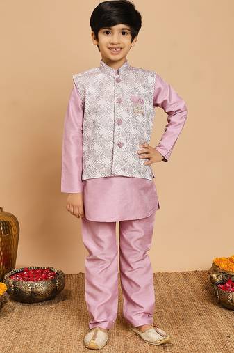 Boys lilac cotton silk kurta & pyjama set with jacquard cotton silk kurta & pyjama set with jacquard nehru jacket