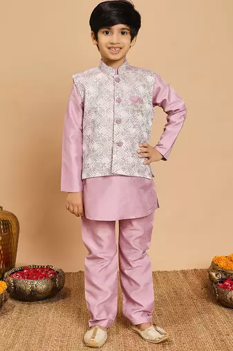 Boys lilac cotton silk kurta & pyjama set with jacquard cotton silk kurta & pyjama set with jacquard nehru jacket