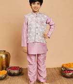 Boys lilac cotton silk kurta & pyjama set with jacquard cotton silk kurta & pyjama set with jacquard nehru jacket