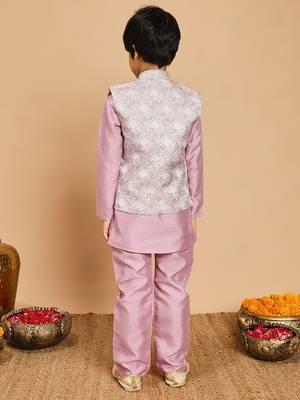 Boys lilac cotton silk kurta & pyjama set with jacquard cotton silk kurta & pyjama set with jacquard nehru jacket 2