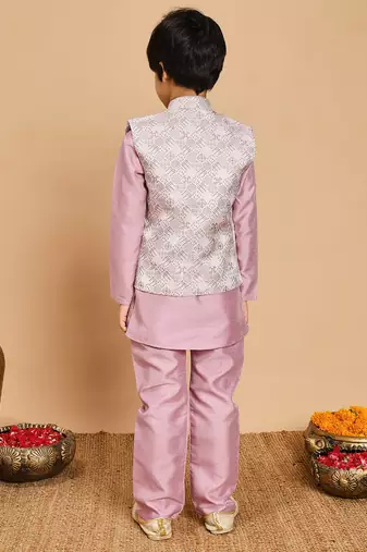 Boys lilac cotton silk kurta & pyjama set with jacquard cotton silk kurta & pyjama set with jacquard nehru jacket