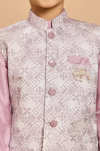 Boys lilac cotton silk kurta & pyjama set with jacquard cotton silk kurta & pyjama set with jacquard nehru jacket
