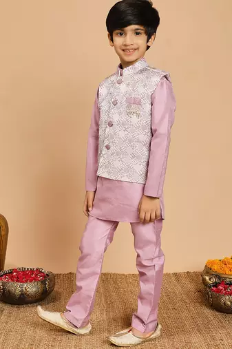 Boys lilac cotton silk kurta & pyjama set with jacquard cotton silk kurta & pyjama set with jacquard nehru jacket