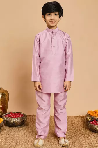 Boys lilac cotton silk kurta & pyjama set with jacquard cotton silk kurta & pyjama set with jacquard nehru jacket