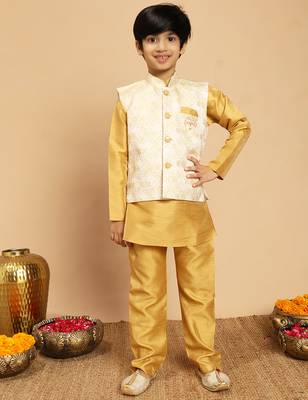 Boys yellow cotton silk kurta & pyjama set with jacquard nehru jacket 1