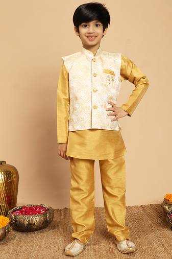 Boys yellow cotton silk kurta & pyjama set with jacquard nehru jacket
