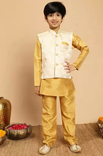 Boys yellow cotton silk kurta & pyjama set with jacquard nehru jacket