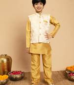 Boys yellow cotton silk kurta & pyjama set with jacquard nehru jacket