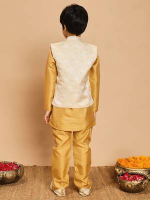Boys yellow cotton silk kurta & pyjama set with jacquard nehru jacket 2