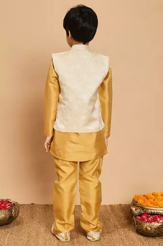 Boys yellow cotton silk kurta & pyjama set with jacquard nehru jacket