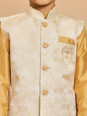 Boys yellow cotton silk kurta & pyjama set with jacquard nehru jacket 3