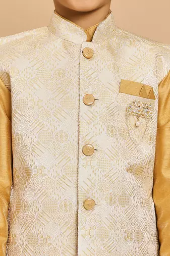Boys yellow cotton silk kurta & pyjama set with jacquard nehru jacket