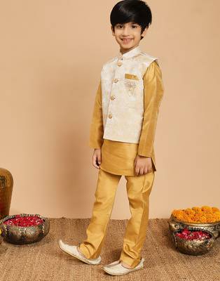 Boys yellow cotton silk kurta & pyjama set with jacquard nehru jacket 4