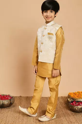 Boys yellow cotton silk kurta & pyjama set with jacquard nehru jacket
