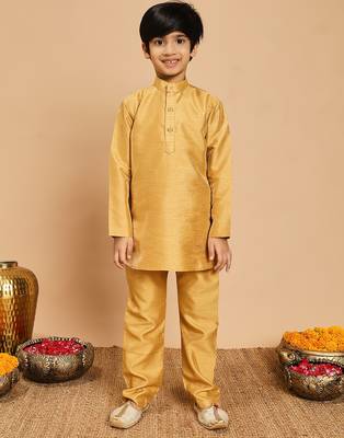 Boys yellow cotton silk kurta & pyjama set with jacquard nehru jacket 5